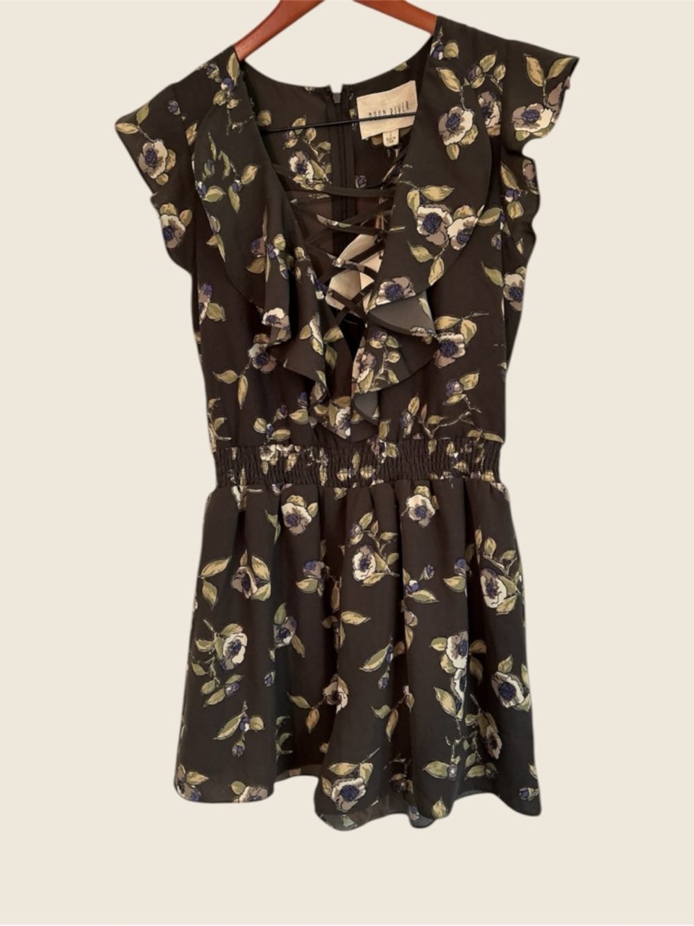 Moon River Black Floral Romper with Ruffle Neckline